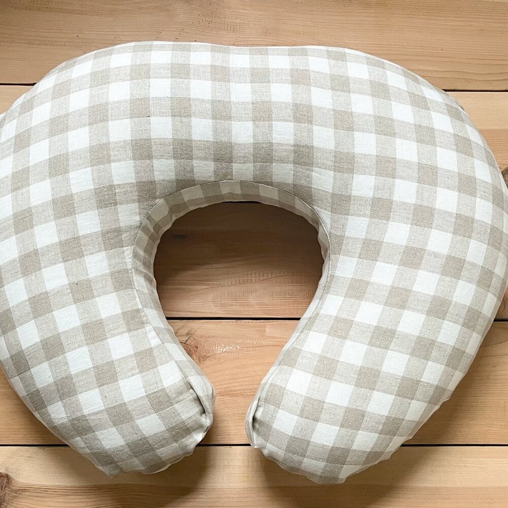 100% Linen Beige Gingham Checkered Boppy Nursing Pillow Cover